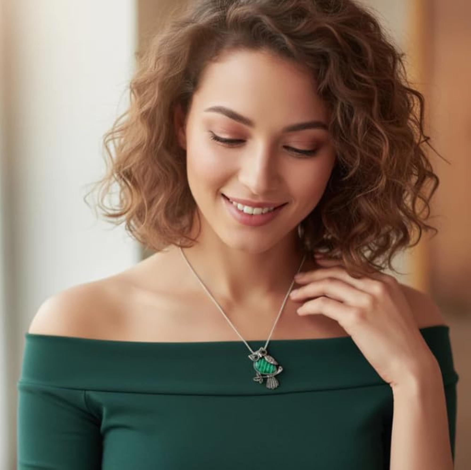 Malachite Owl Pendant Crystal Stone Locket
